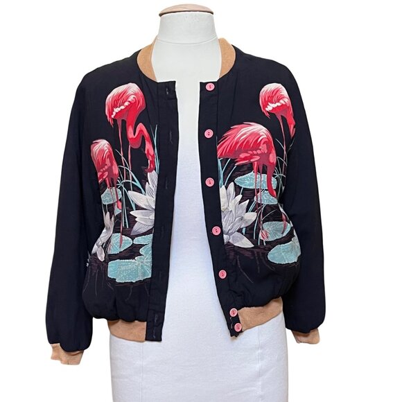 Vtg California 4-U Flamingo Print Bomber Jacket Cotton Boho Indie Retro Sz Small - Picture 1 of 8
